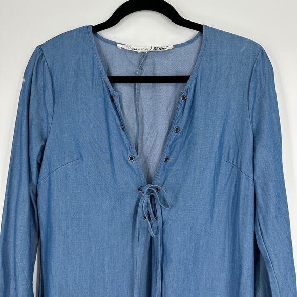 Lovers + Friends Denim Raw Hem Lace Up Dress Tencel Blue Womens Small - Picture 8 of 9